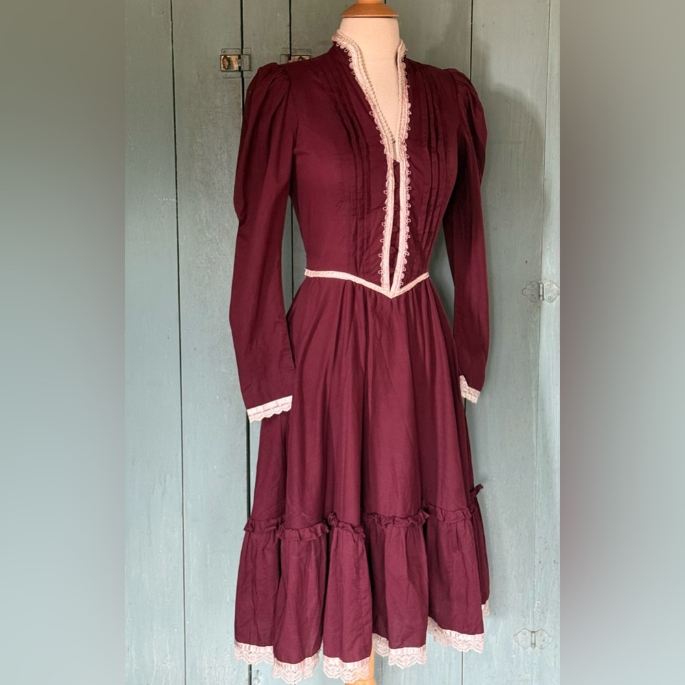 VTG GUNNE SAX Dress San Francisco Victorian Lace Full Skirt Midi Maroon Beaded 5